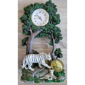 Vintage Cadona 2000 White Tiger & Cubs Figurine Clock With Mini  Snow globe Y2K